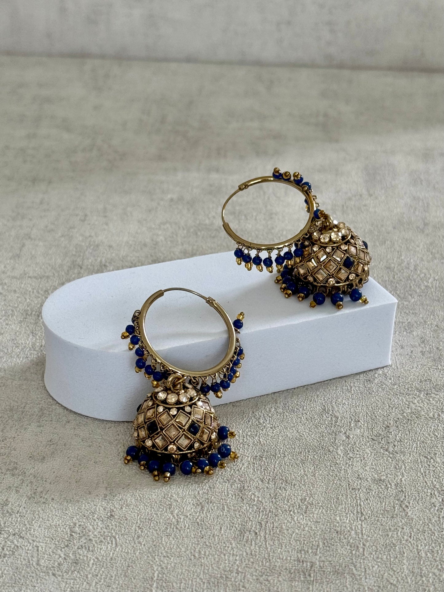 Ayura Designs Jugni Bali Jhumkas – Antique Gold with Royal Blue Beads