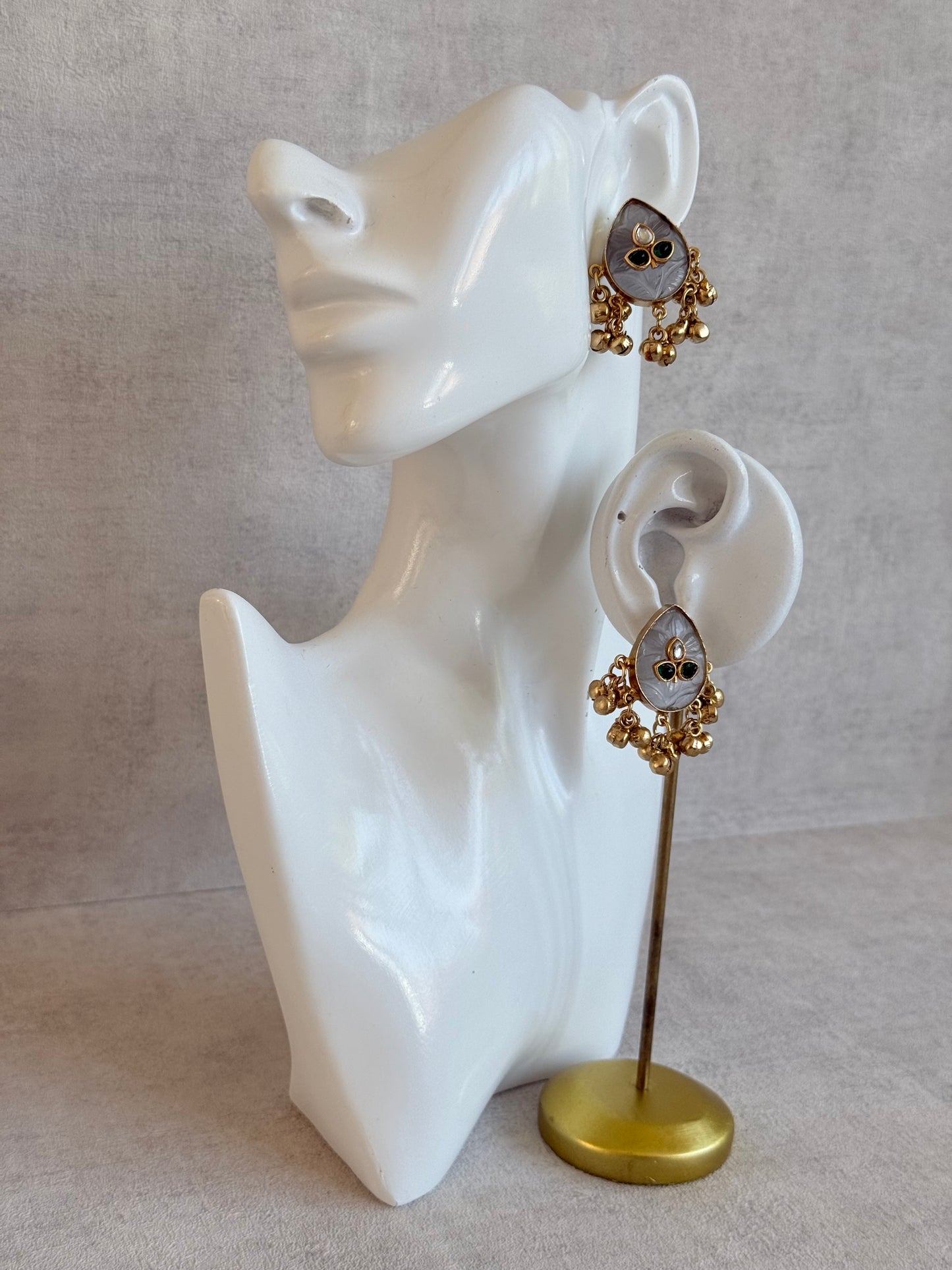 Ayura Designs Aykai Earrings – Grey Carved Teardrop Stud Earrings with Clear Kundan Stones and Gold Ghungroo Drops