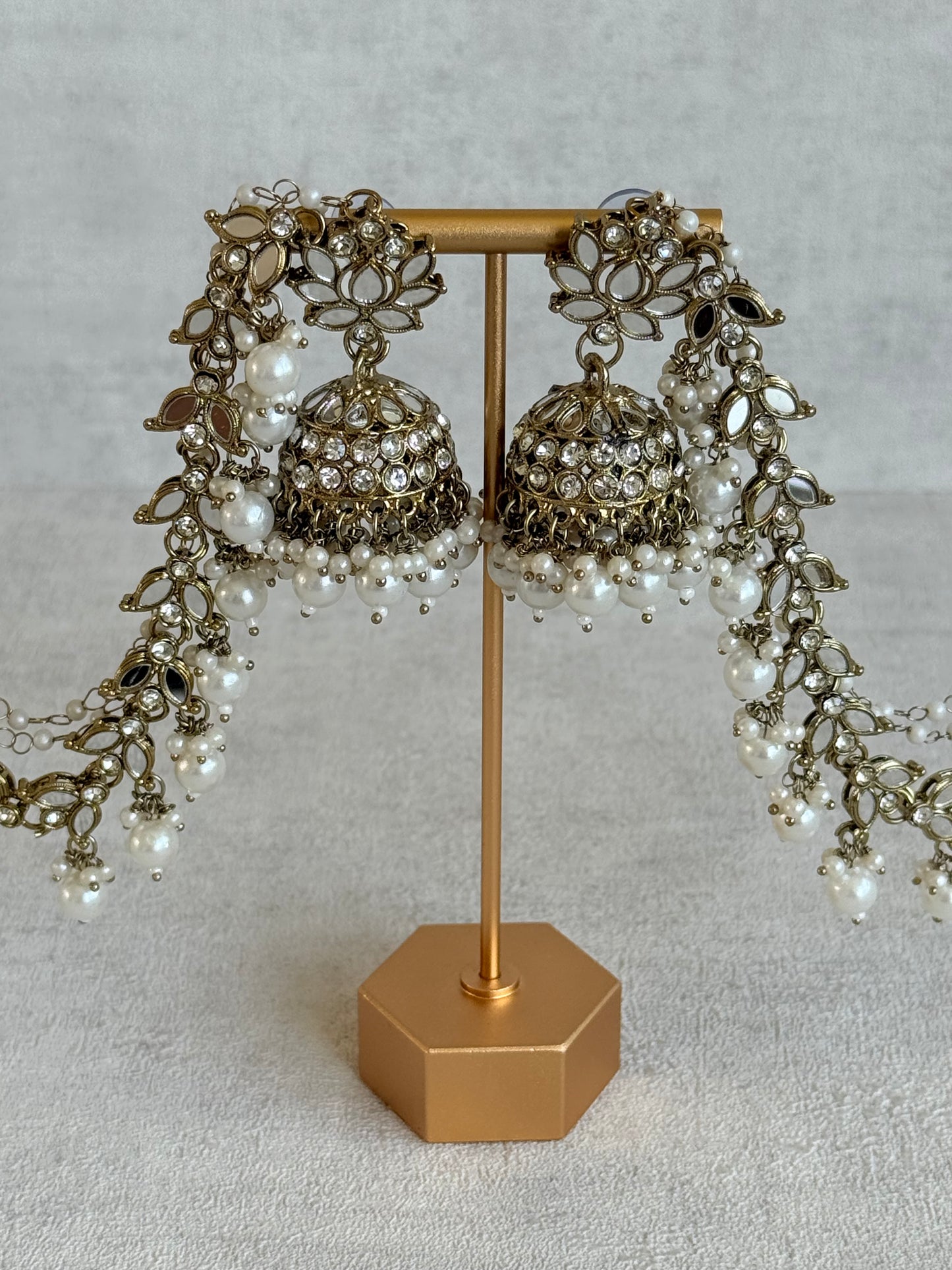 Ayura Designs Sheesh Jhumkis with Sahare – Mirror Kundan Pearl Jhumkis