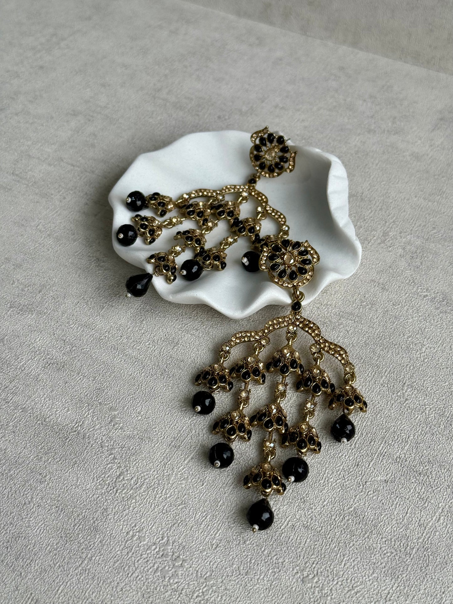 Ayura Designs Jasmine Earrings – Black Chandelier Earrings with Antique Gold Detailing & Tiered Drops