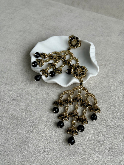 Ayura Designs Jasmine Earrings – Black Chandelier Earrings with Antique Gold Detailing & Tiered Drops