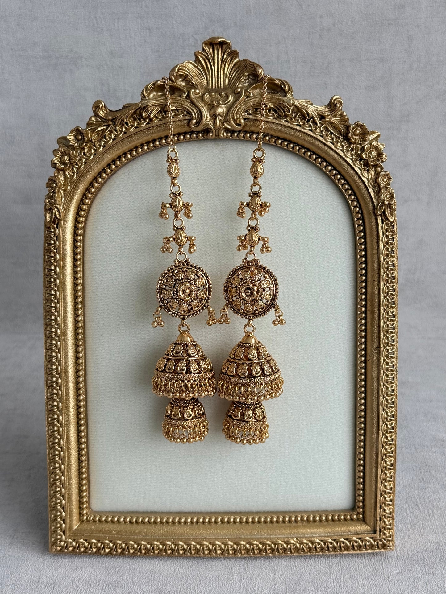 Ayura Designs Chhavi Sahare Jhumkis – Antique Gold Finish with Double Dome Design