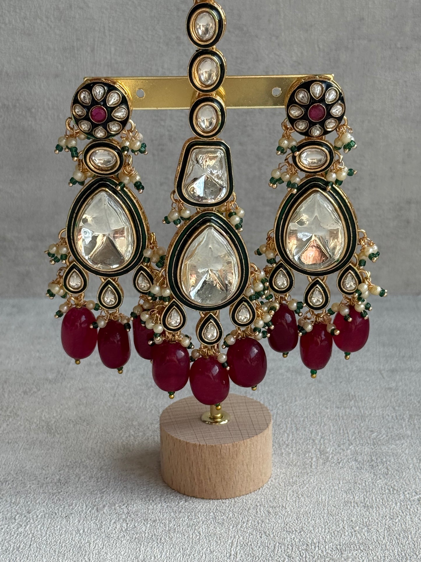 Ayura Designs Serhat Set – Necklace, Earrings & Tikka with Ruby Red Beads, Green Meenakari, Mirror-Cut Polki Stones & Gold Finish