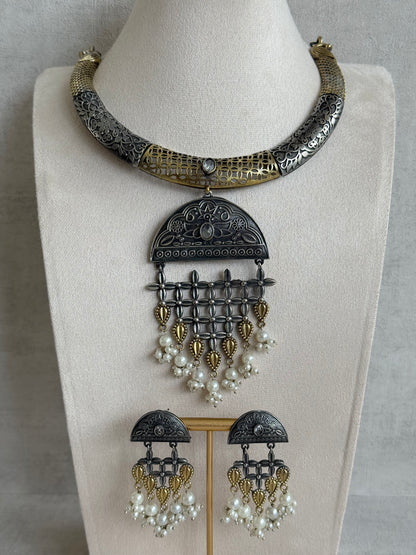 Ayura Designs Dhoop Necklace Set with Earrings – Dual Tone Oxidised Necklace with Lattice Pendant & Pearl Detailing