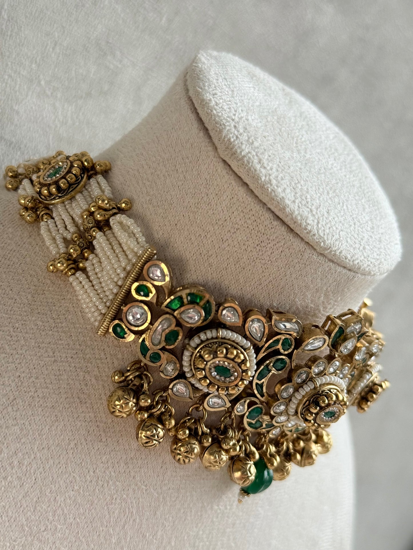 Ayura Designs Sufna Choker Set with Earrings – Emerald Green Stones, Pearl Strands & Kundan Detailing