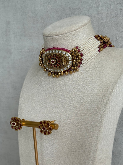 Ayura Designs Amiri Choker Set with Stud Earrings – Ruby Pink Stones, Pearl Strands & Moissanite Detailing
