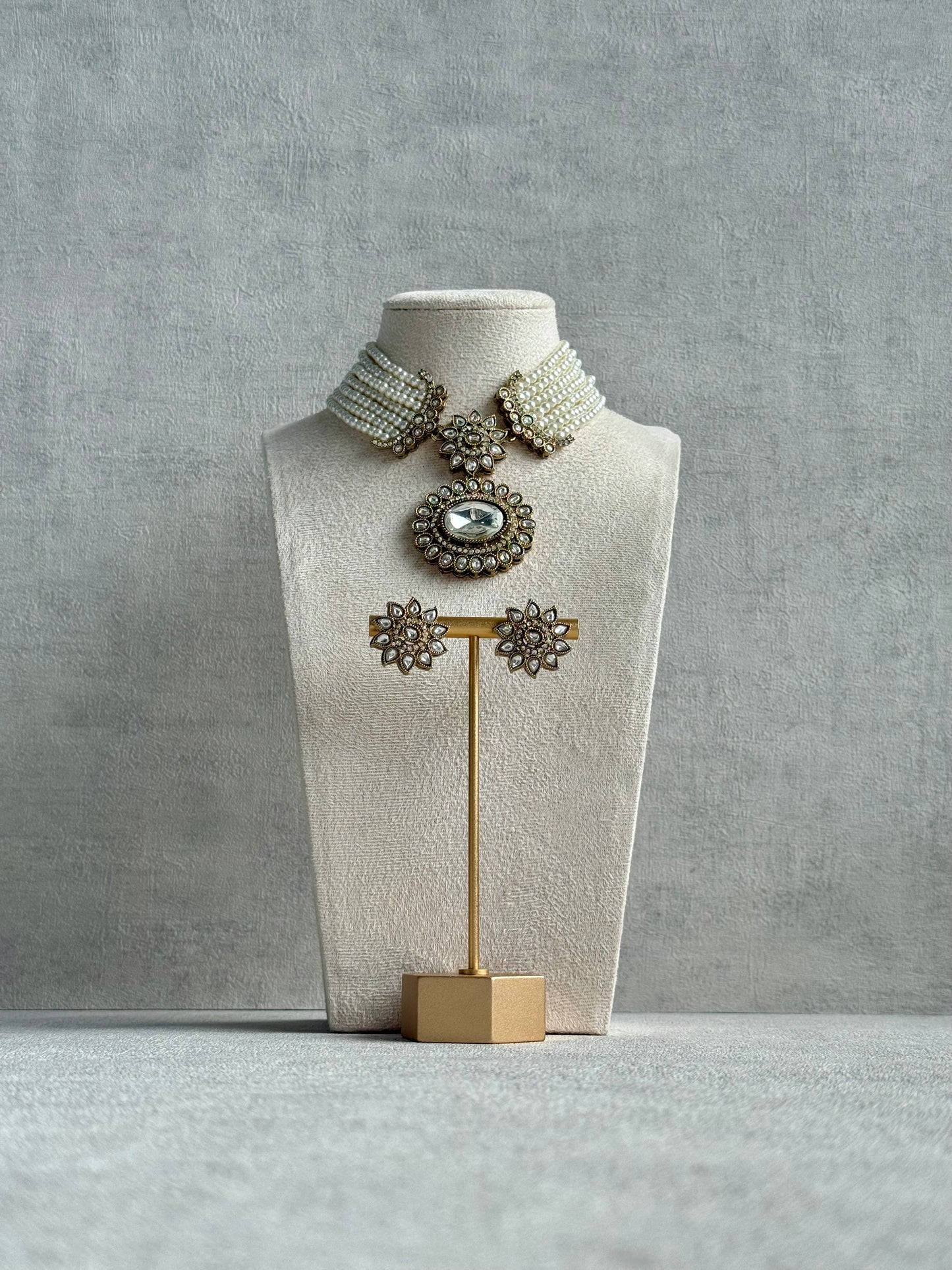 Ayura Designs Amaya Necklace Set with Studs – Antique Finish in Crystal Stones with Pearl Strands