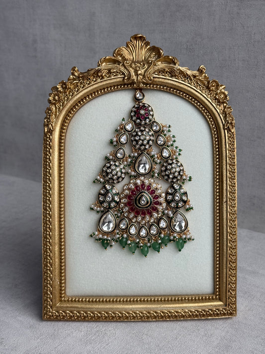 Ayura Designs Zoha Jhoomar Passa – Polki Kundan with Ruby Pink Floral Centre, Emerald Green Drops & Pearl Detailing