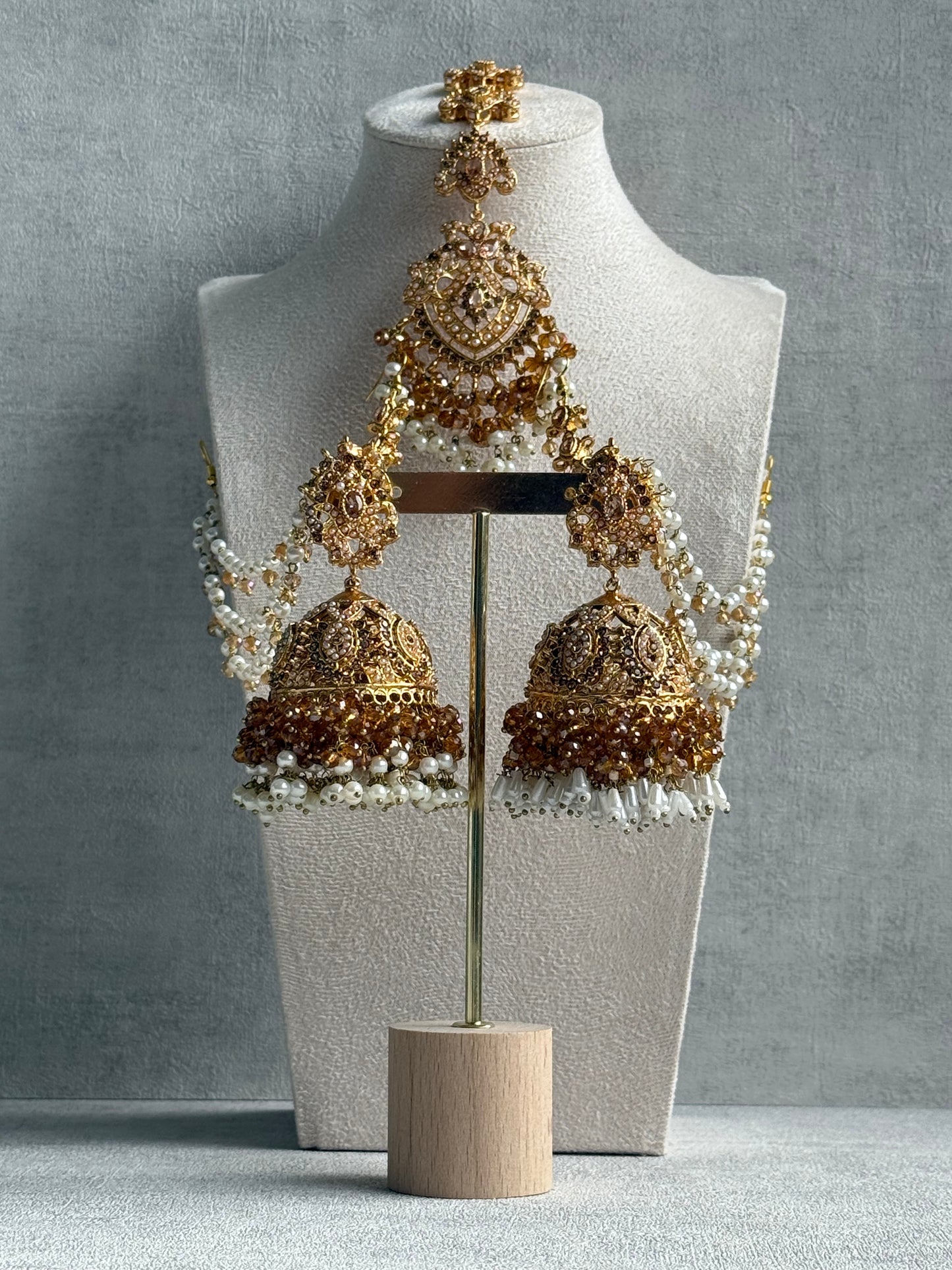 Ayura Designs Safia Tikka Set with Sahare Earrings – Champagne Gold Beads & Pearls