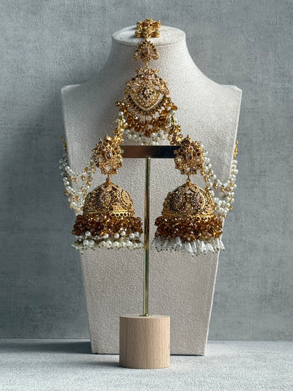Ayura Designs Safia Tikka Set with Sahare Earrings – Champagne Gold Beads & Pearls