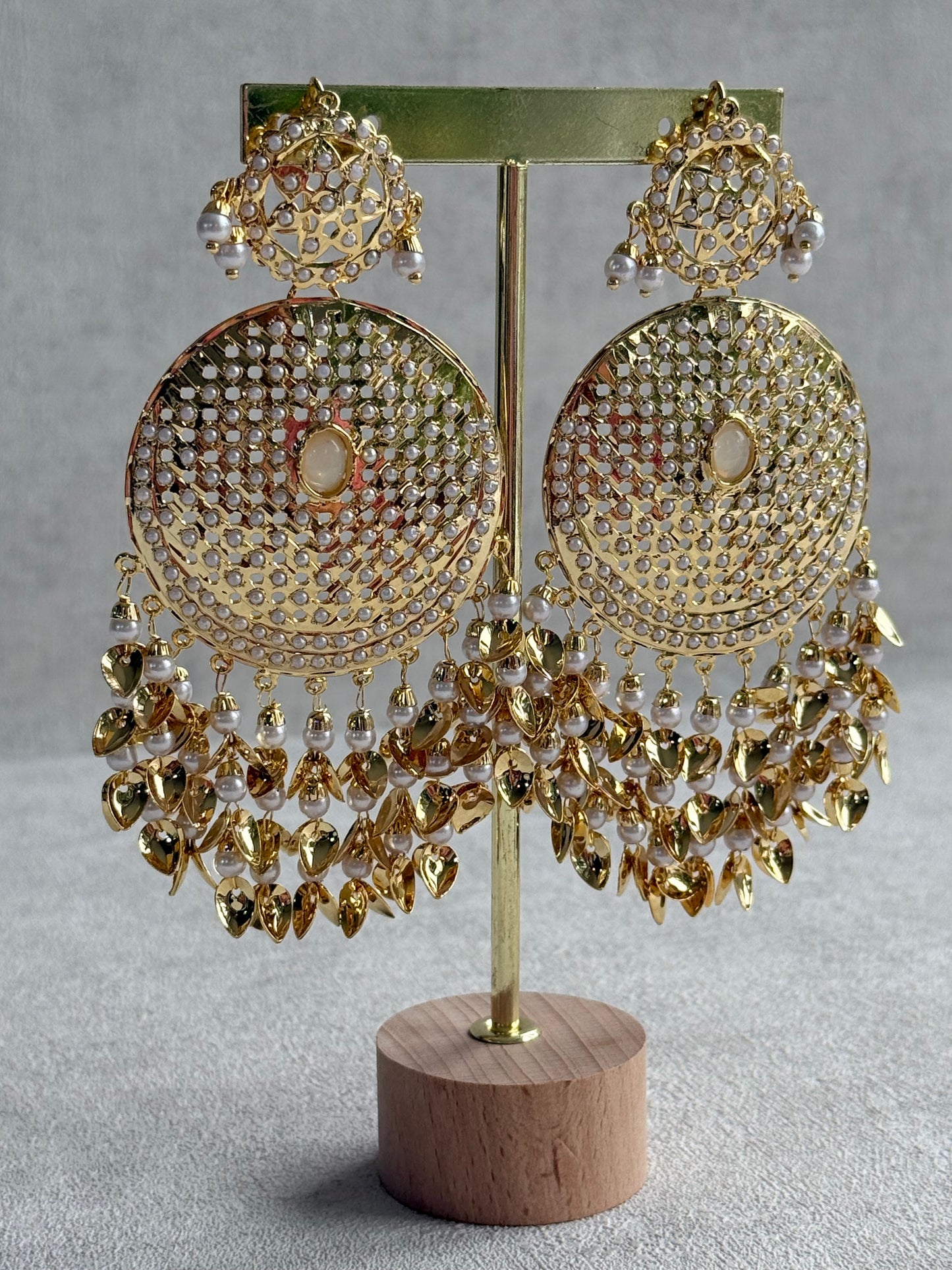 Ayura Designs Seerat Earrings – Ivory Gold Pippal Patti Design with Pearls