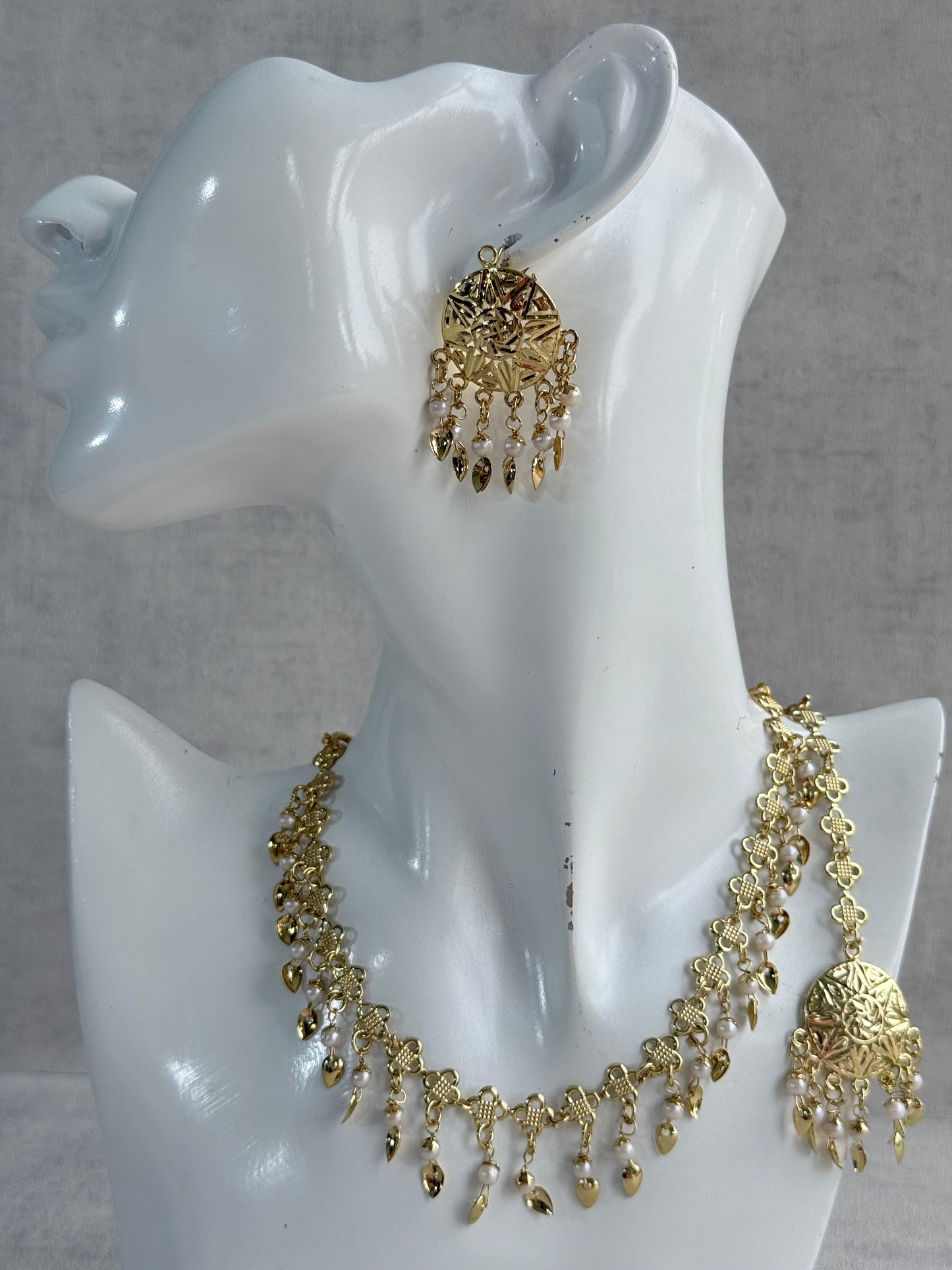 Ayura Designs Rupal Necklace Set with Earrings & Tikka – Gold Finish with Pearls & Pippal Patti Detailing
