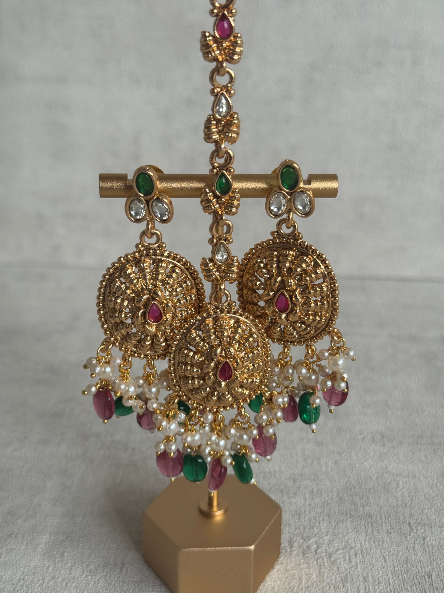 Ayura Designs Tanveer Choker Set with Earrings & Tikka – Antique Gold with Mirror-Cut Stones, Ruby & Emerald Beads