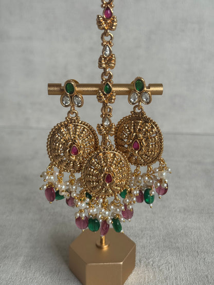 Ayura Designs Tanveer Choker Set with Earrings & Tikka – Antique Gold with Mirror-Cut Stones, Ruby & Emerald Beads