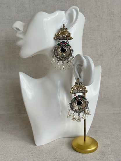 Ayura Designs Taali Earrings – Dual Tone Oxidised Statement Earrings with Multicolour Stones & Pearl Clusters