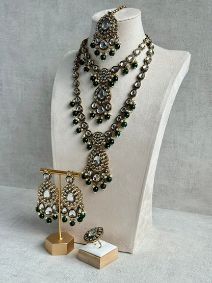 Ayura Designs Kalika Set with Necklace, Earrings, Tikka & Ring – Polki-Style Stones with Antique Green Enamel Detailing, Emerald Green Beads & Pearl Drops