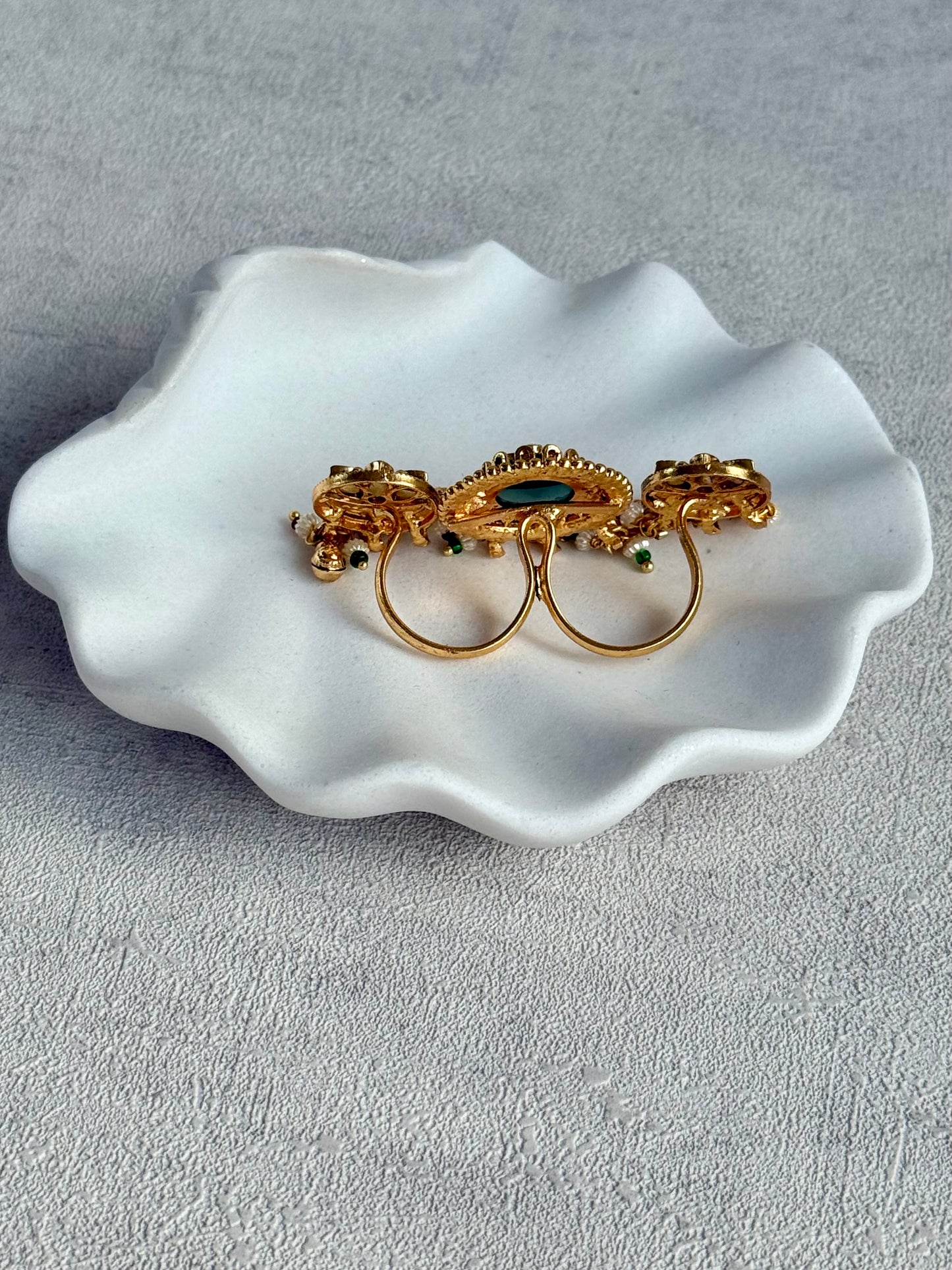 Ayura Designs Raha Adjustable Ring – Antique Gold Lotus Motifs with Emerald Green & Rani Pink Stones, Pearl Drops & Ghungroo Detailing