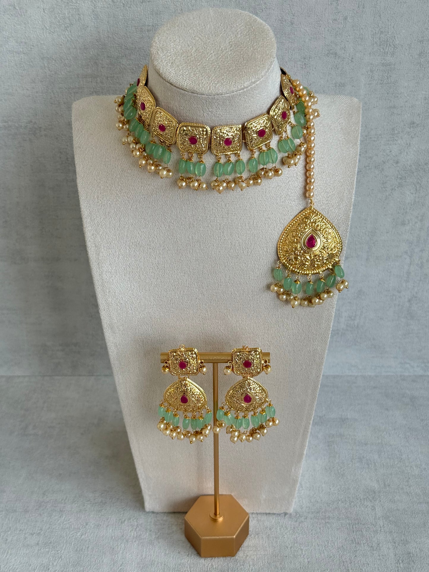 Ayura Designs Chetna Choker Set with Earrings & Tikka – Mint Green Beads, Cream Pearl Drops with Pipal Patti Detailing