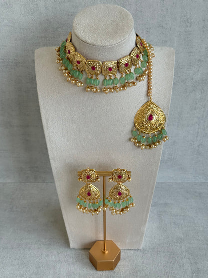 Ayura Designs Chetna Choker Set with Earrings & Tikka – Mint Green Beads, Cream Pearl Drops with Pipal Patti Detailing