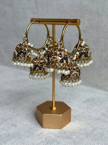 Ayura Designs Nakhra Balis – Blue Triple Dome Earrings with Pearl Clusters & Mirror-Cut Detailing