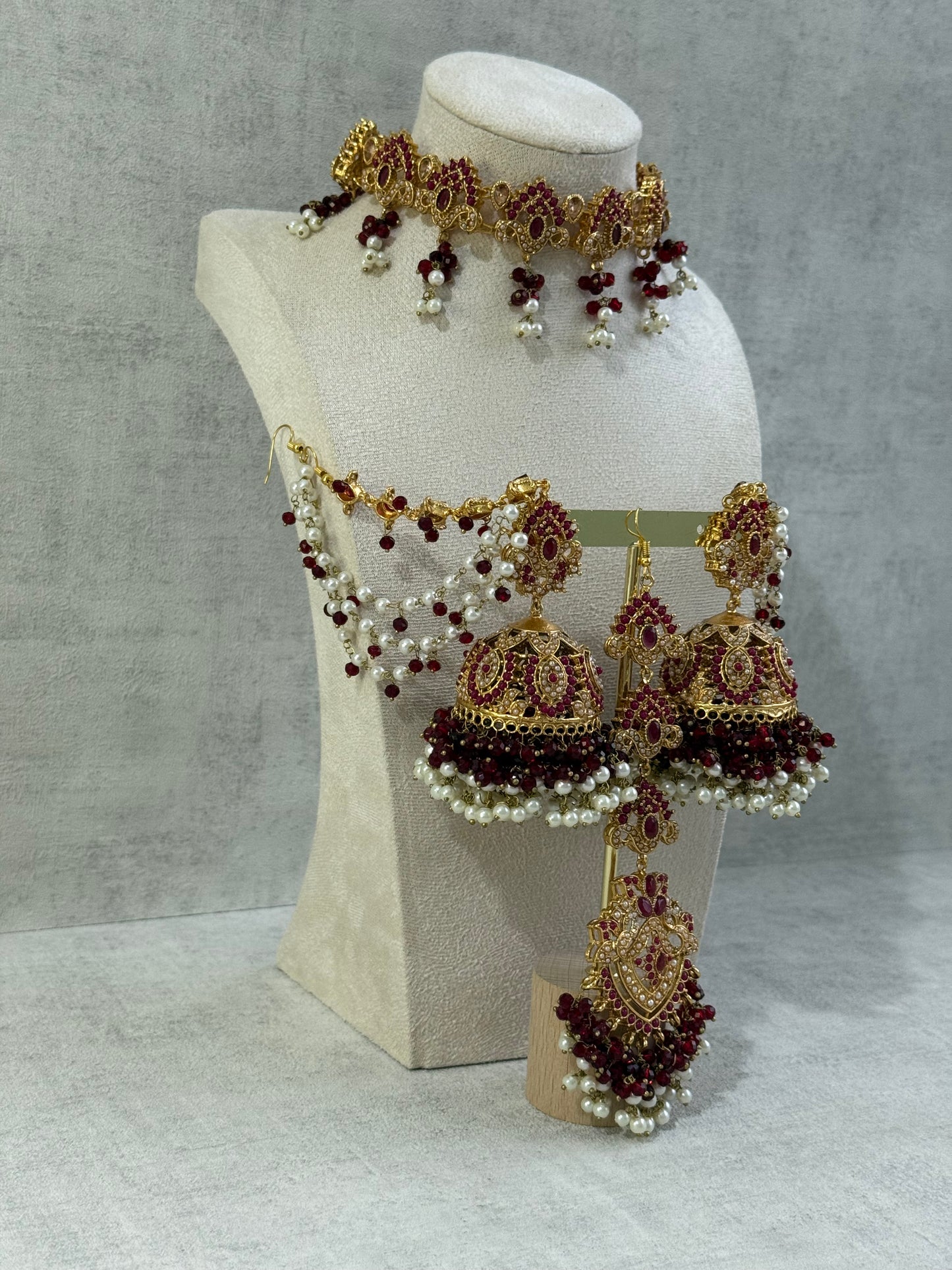 Ayura Designs Noor Set – Choker, Jhumkis with Sahare & Tikka in Maroon with Pearl Detailing