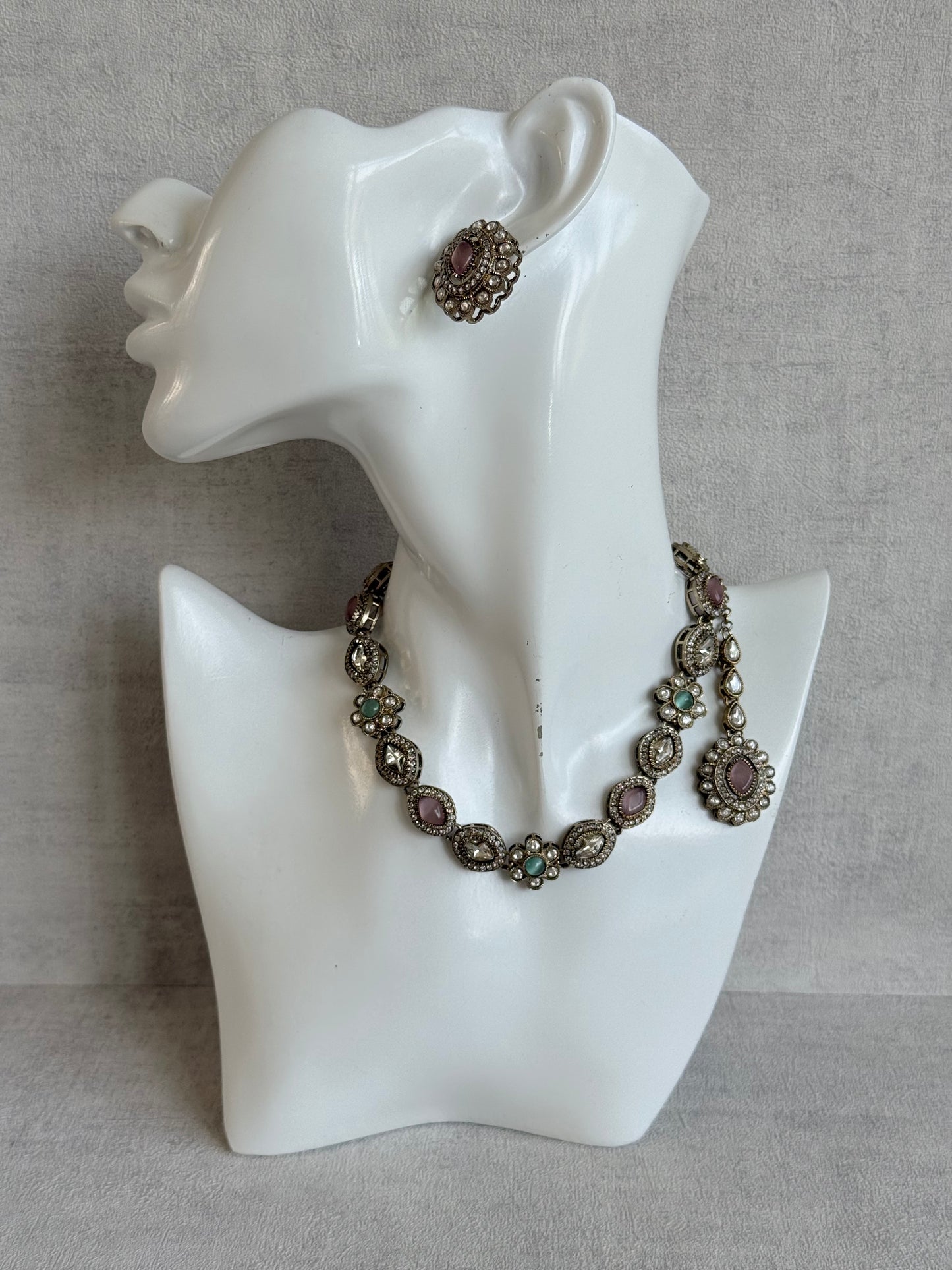 Ayura Designs Ivy Necklace Set with Studs & Tikka – Blush Pink & Mint Green Kundan Detailing