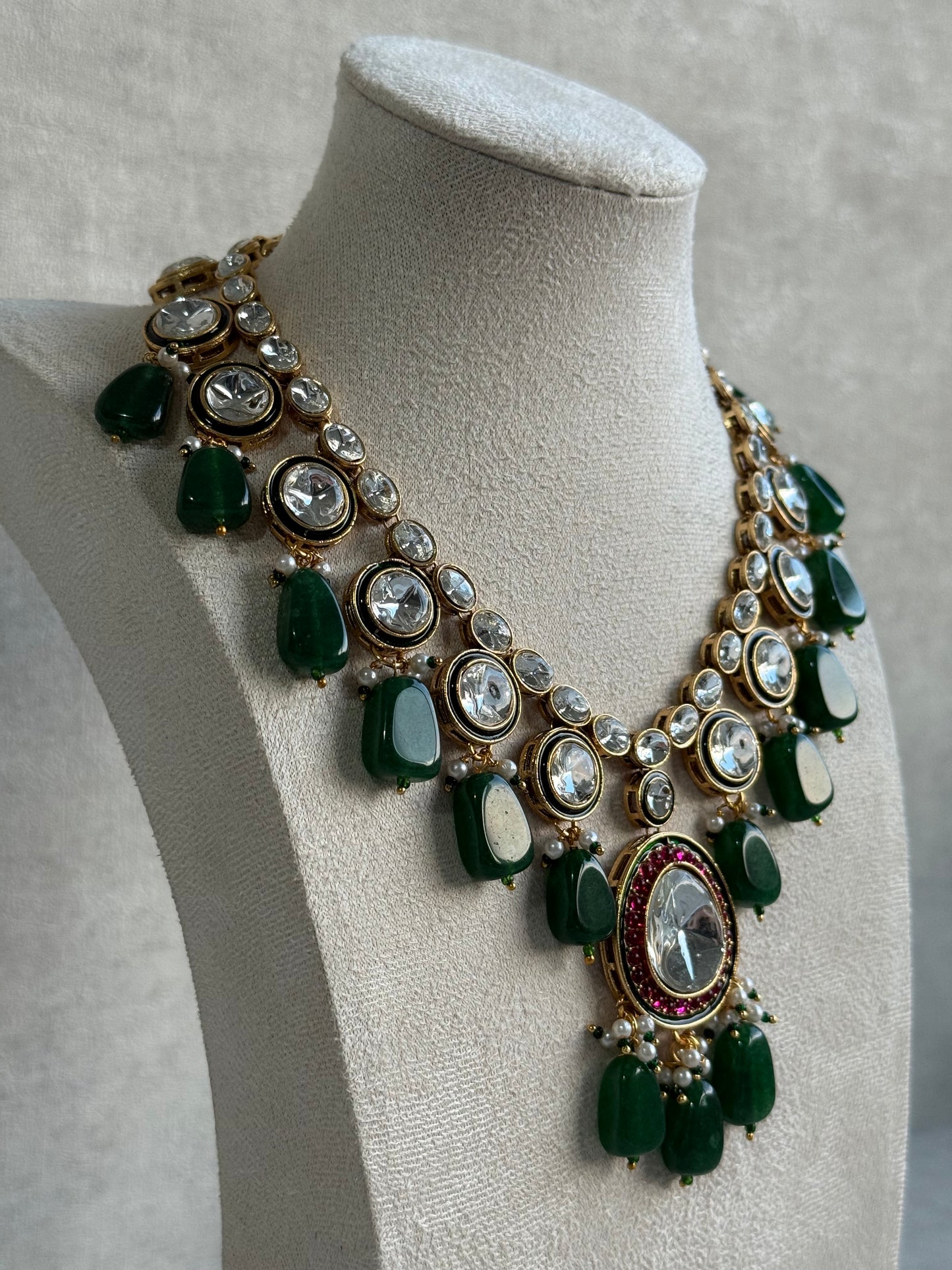 Ayura Designs Emaanat Set with Necklace & Earrings – Ruby & Emerald Accents, Polki Kundan & Antique Gold Finish
