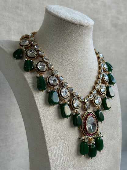 Ayura Designs Emaanat Set with Necklace & Earrings – Ruby & Emerald Accents, Polki Kundan & Antique Gold Finish