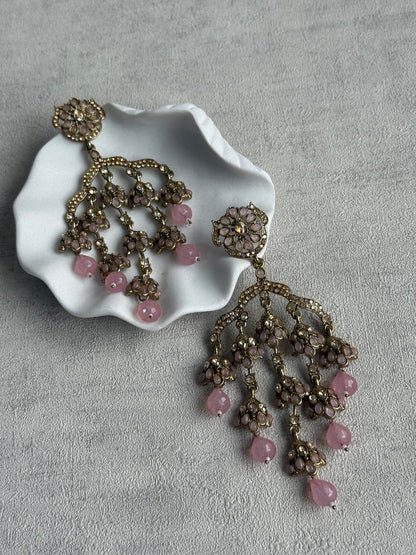 Ayura Designs Jasmine Earrings – Chandelier Earrings with Blush Pink Beads & Antique Gold Detailing