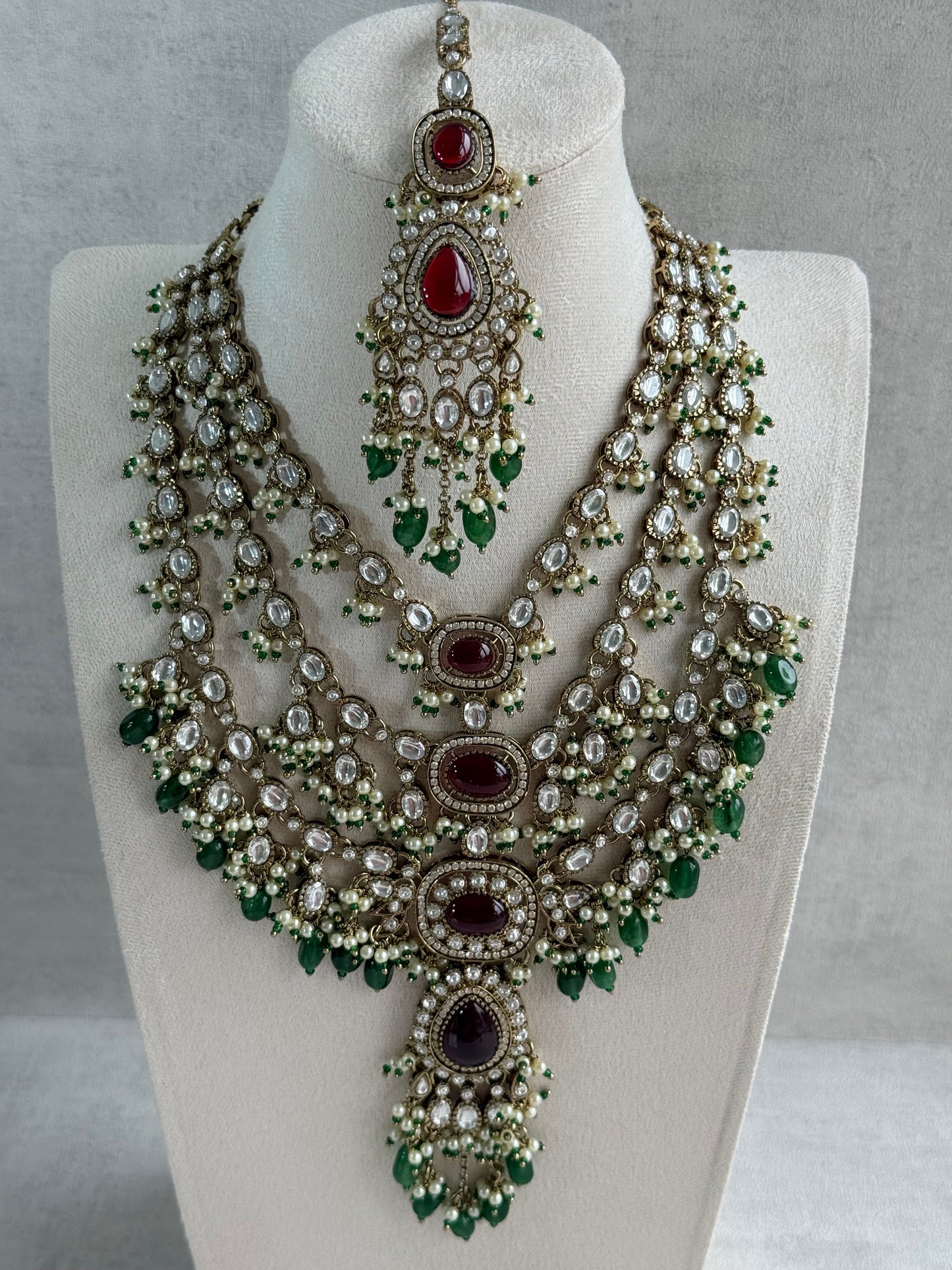 Ayura Designs Sahra Bridal Set with Earrings & Tikka – Ruby Red, Emerald Green, Kundan Stones & Pearls in Antique Gold Finish