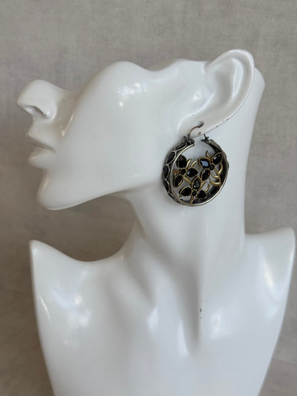 Ayura Designs Nureh Earrings – Dual Tone Floral Hoop Earrings with Black Stones & Cutwork Detailing