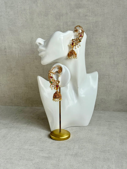 Ayura Designs Nalini Jhumkis – Gold Half Ear Cuffs with Multicolour Stone Accents, Crystal Detailing & Pearl Jhumka Drops