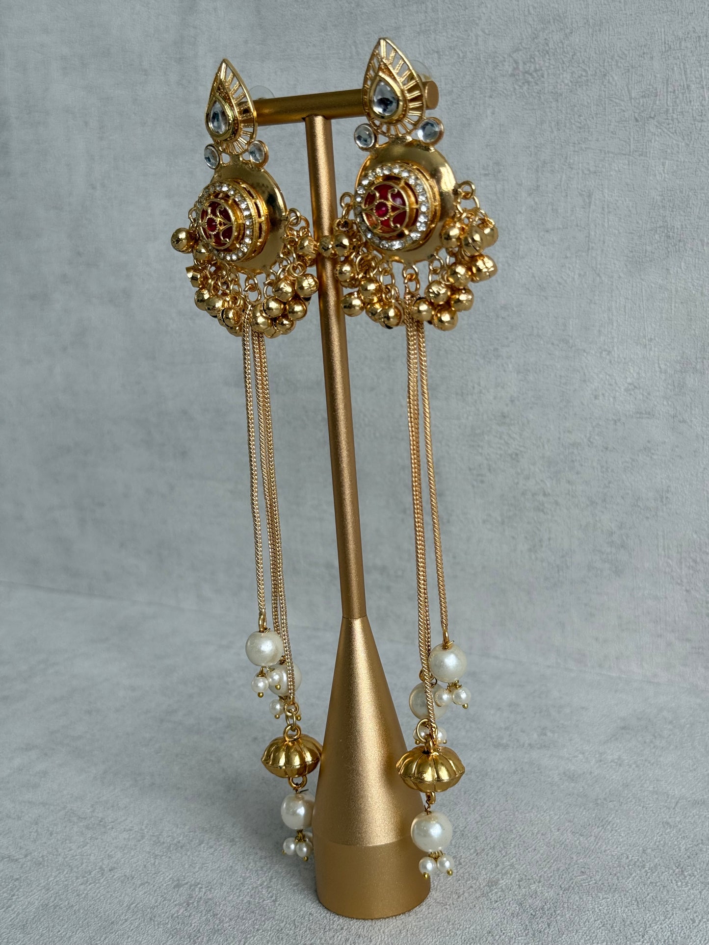 Ayura Designs Kashveen Earrings – Ruby Red Kundan Stones with Pearl Chain Drops & Ghungroo Detailing
