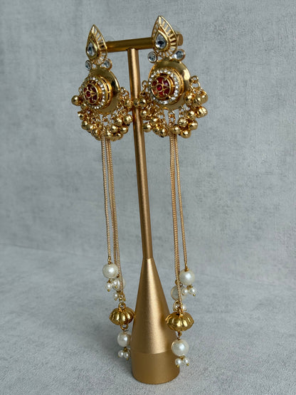 Ayura Designs Kashveen Earrings – Ruby Red Kundan Stones with Pearl Chain Drops & Ghungroo Detailing