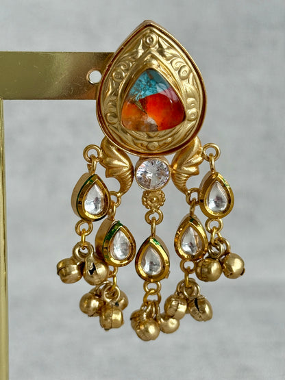Ayura Designs Arheer Earrings – Orange & Turquoise Marble with Kundan Detailing & Antique Gold Ghungroos