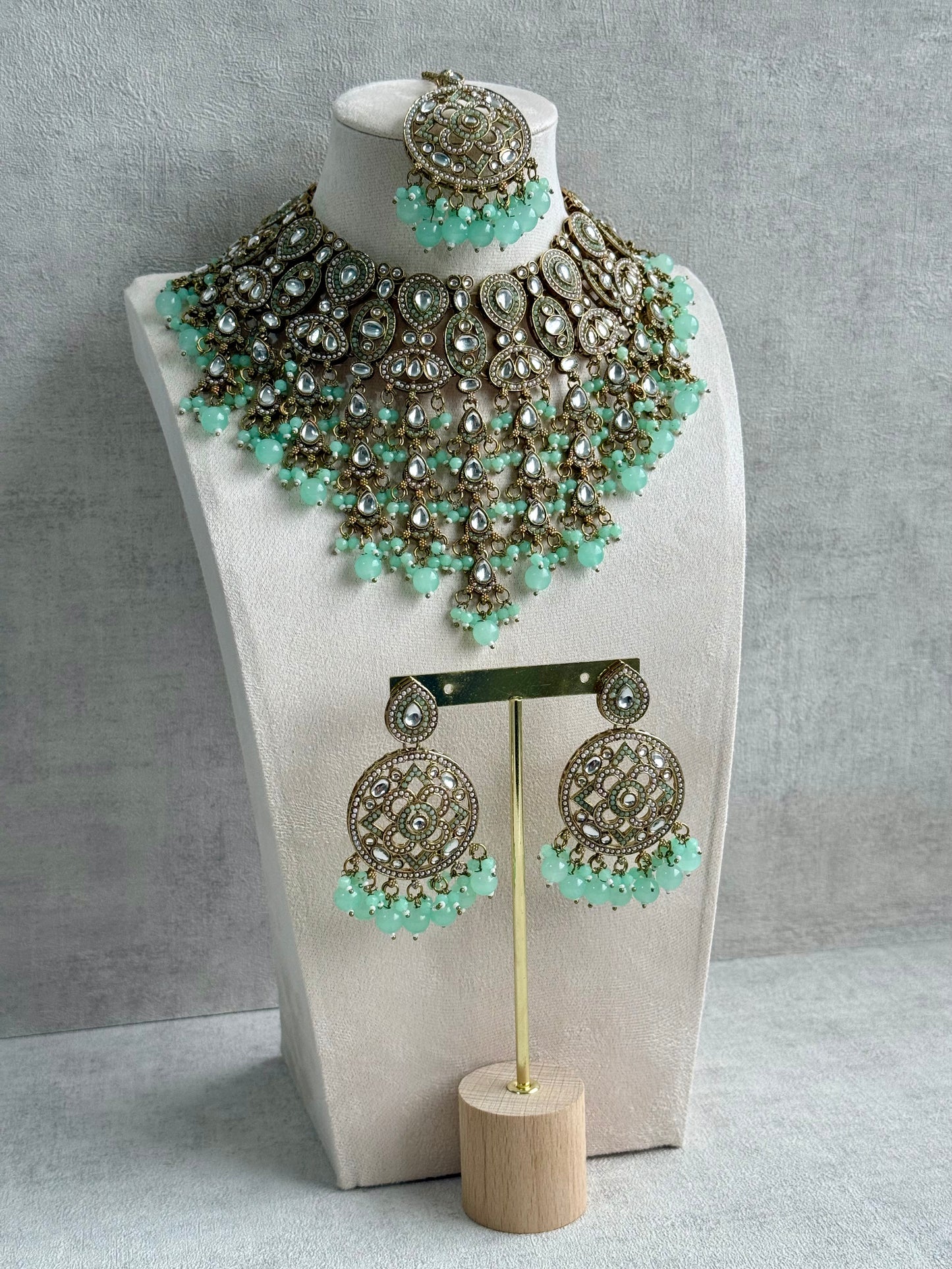 Ayura is Designs Tanya Bridal Set with Necklace, Earrings & Tikka – Pistachio Mint Beads, Mirror-Cut Stones and Antique Gold Finish