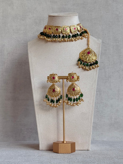 Ayura Designs Chetna Choker Set with Earrings & Tikka – Emerald Green Beads, Cream Pearl Drops with Pipal Patti Detailing