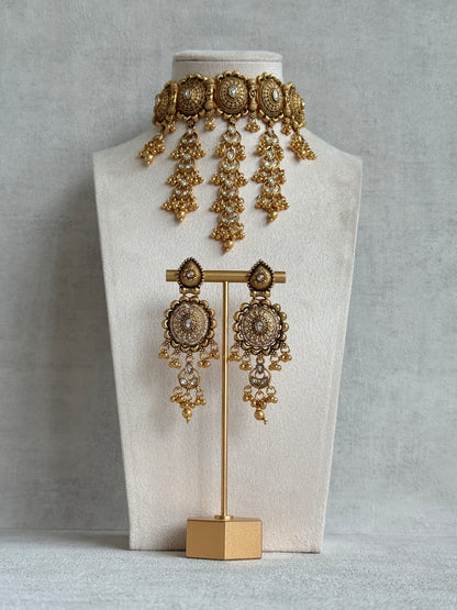 Ayura Designs Kabini Choker Set with Earrings – Gold Kundan Waterfall Choker with Ivory Pearls
