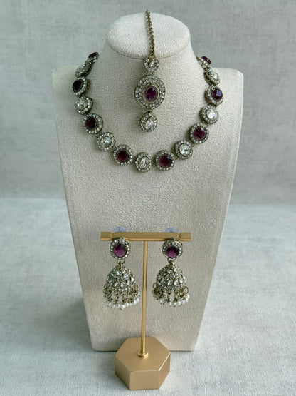 Ayura Designs Eira Necklace Set with Earrings & Tikka – Plum & Crystal Stones with Antique Gold Finish