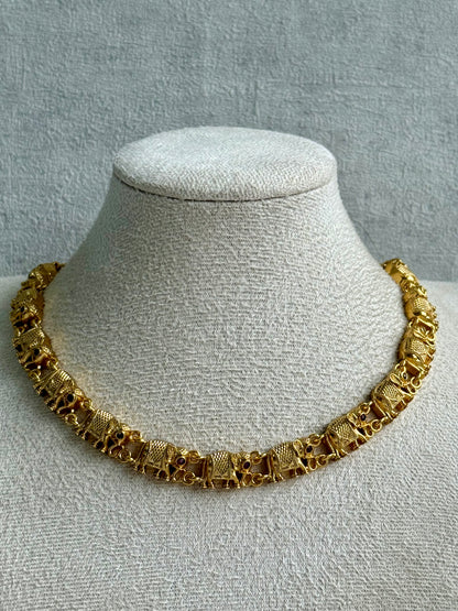 Ayura Designs Veda Set – Antique Gold Necklace & Stud Earrings with Elephant Motifs and Pink Stone Detailing