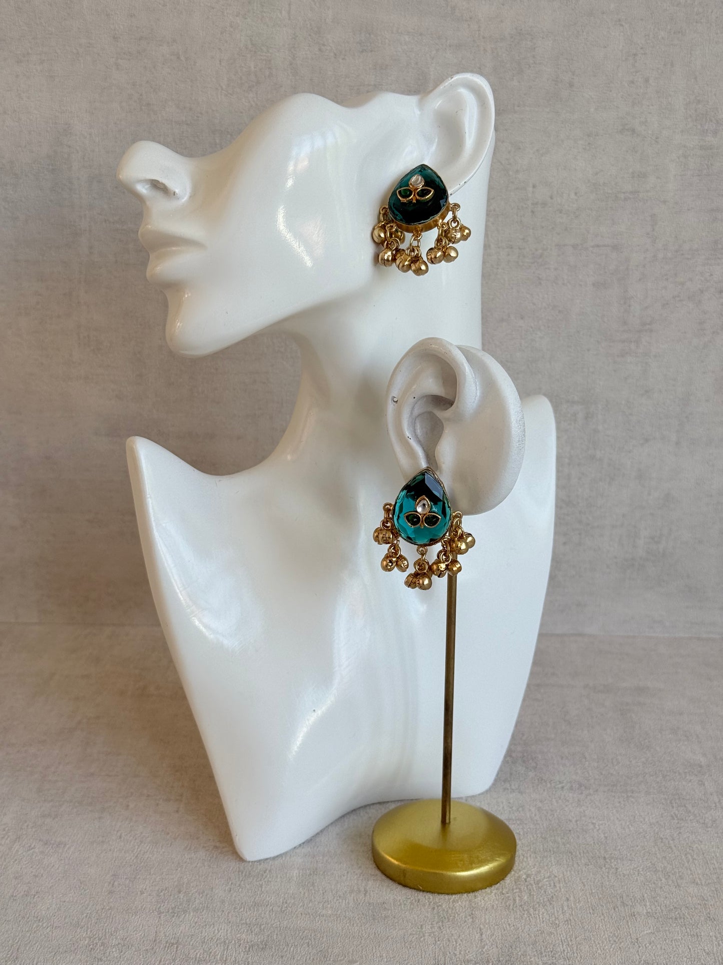 Ayura Designs Aykai Earrings – Teal Carved Teardrop Stud Earrings with Clear Kundan Stones and Gold Ghungroo Drops