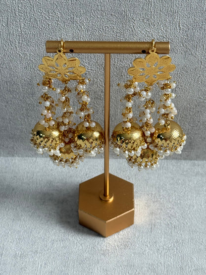 Ayura Designs Sassi Earrings – Pippal Patti Triple Jhumki Earrings with Pearl Cluster Detailing