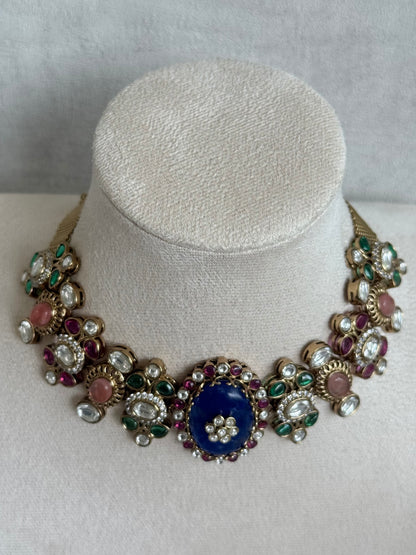 Ayura Designs Nova Necklace Set with Stud Earrings – Sapphire Blue Centre Stone, Kundan Detailing & Multicolour Gemstone Accents
