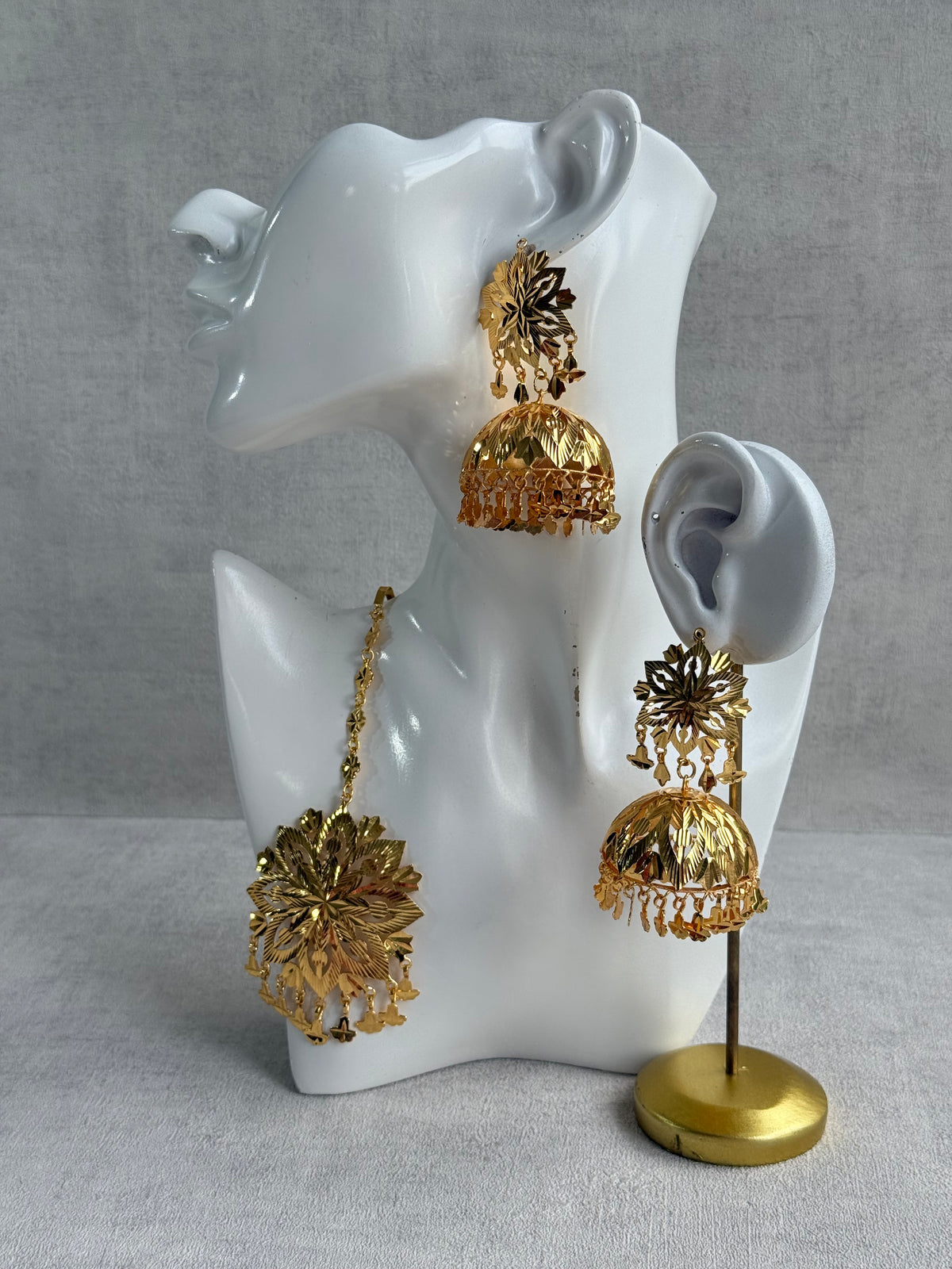 Ayura Designs Mutiyar Tikka Set with Jhumkis – Gold Floral Design with Pippal Patti Drops