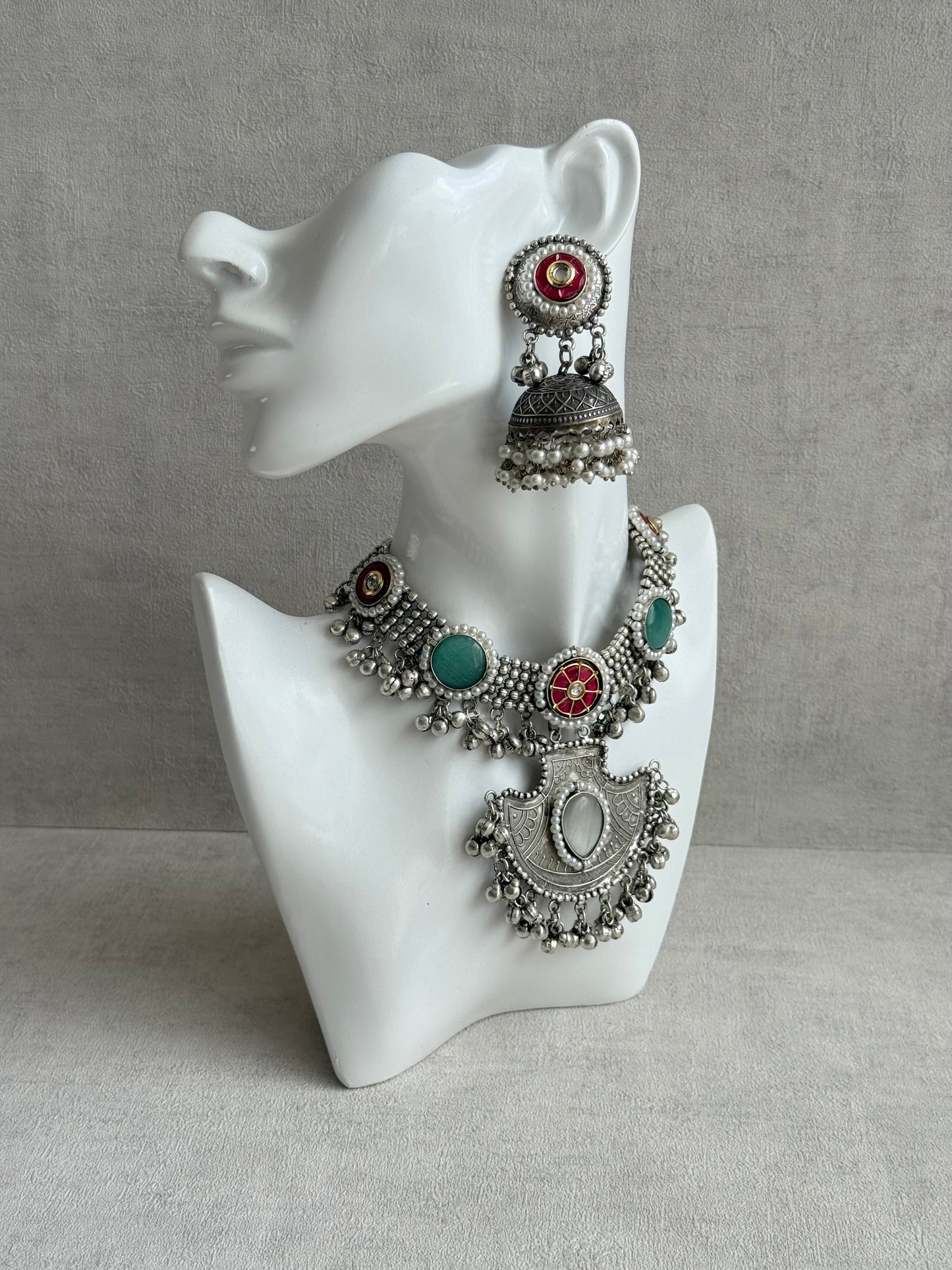 Ayura Designs Zareefa Necklace Set with Jhumkis – Oxidised Silver Pendant Necklace with Multicolour Stones, Pearl Detailing & Ghungroo Accents