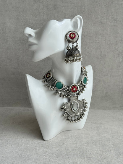 Ayura Designs Zareefa Necklace Set with Jhumkis – Oxidised Silver Pendant Necklace with Multicolour Stones, Pearl Detailing & Ghungroo Accents