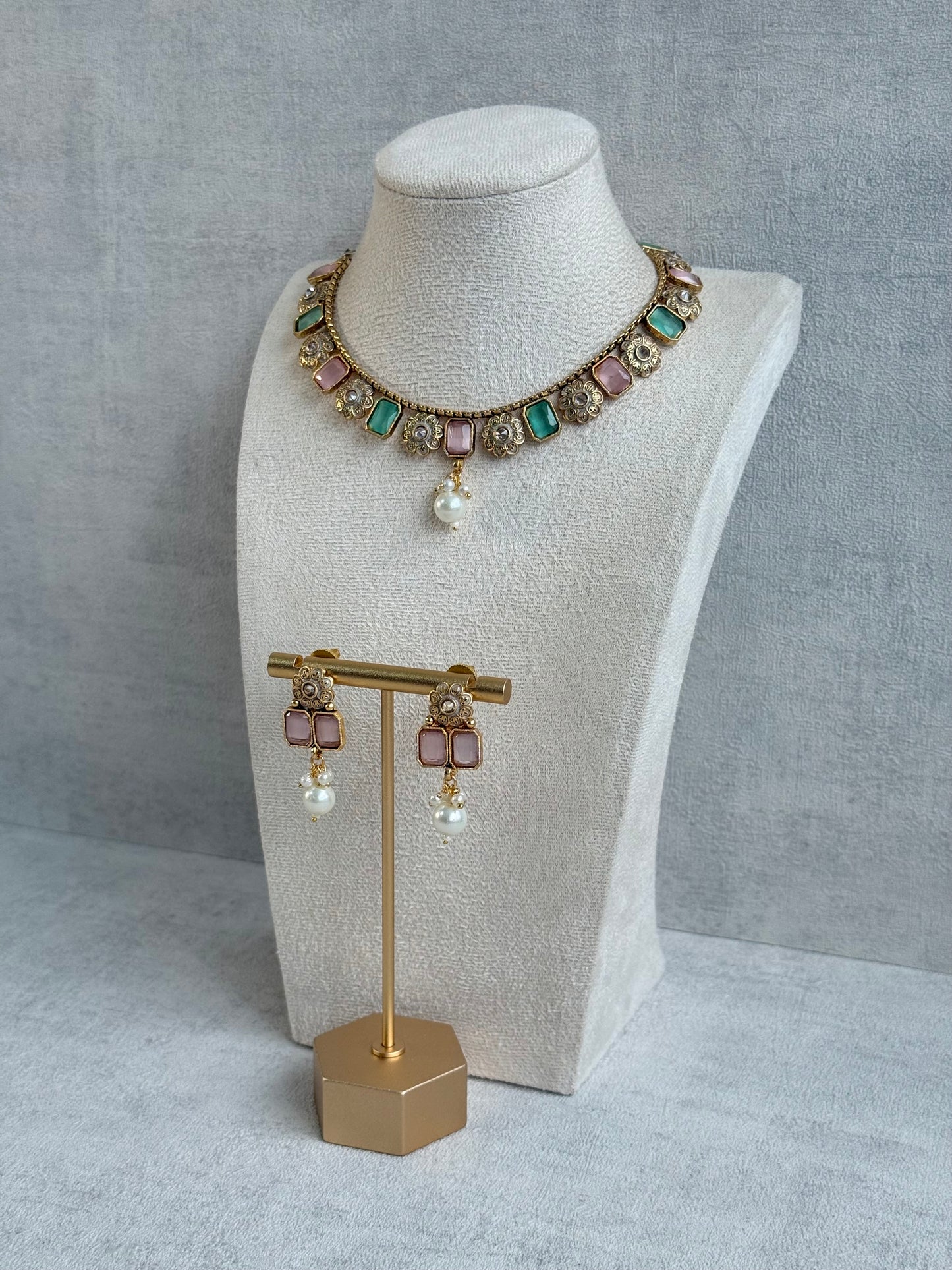Ayura Designs Padma Necklace Set with Earrings – Blush Pink & Mint Green Stones with Pearl Drop Detailing