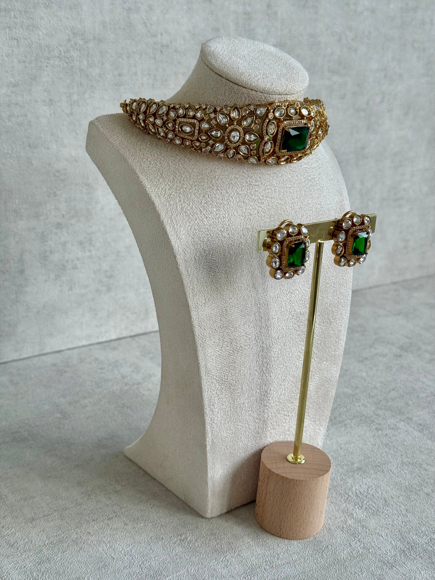 Ayura Designs Akasha Choker Set with Stud Earrings – Emerald Green Moissanite Stones & Antique Gold Finish