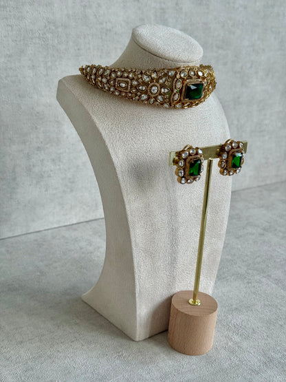 Ayura Designs Akasha Choker Set with Stud Earrings – Emerald Green Moissanite Stones & Antique Gold Finish