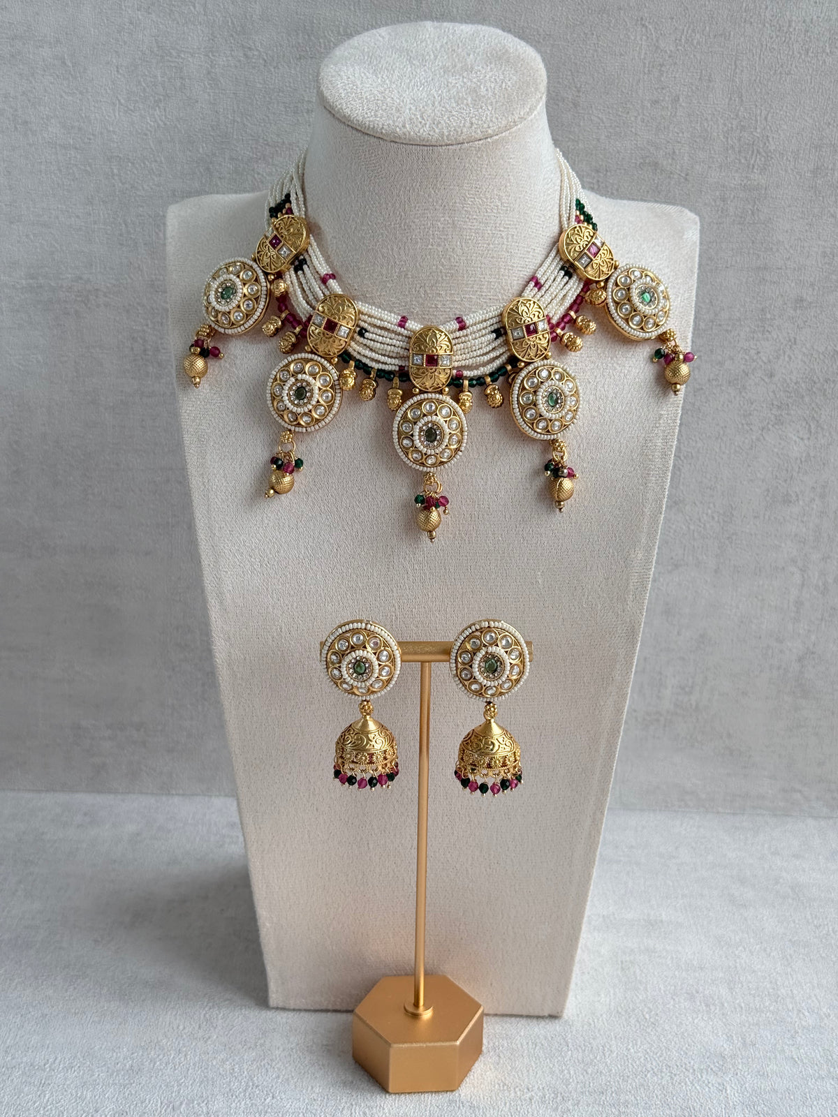 Ayura Designs Kesar Necklace Set with Jhumkis – Multi-Strand Pearl Design, Kundan, Rani Pink & Green Stones & Gold Finish